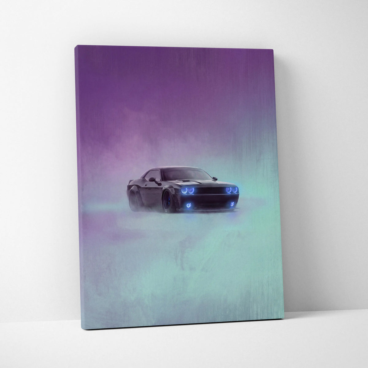 Dodge Challenger Inspired Canvas Art, Neon Blue Glow Custom Car Wall Decor