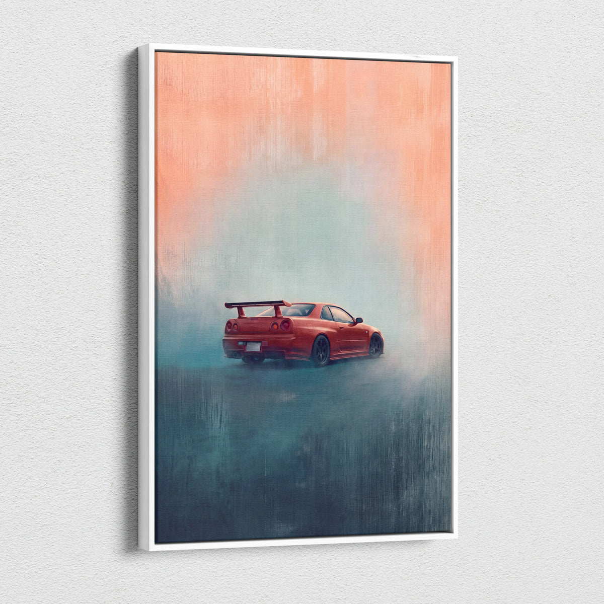 Red nissan skyline gt-r r34 twin turbo sports car canvas painting in white frame for garage wall art decor