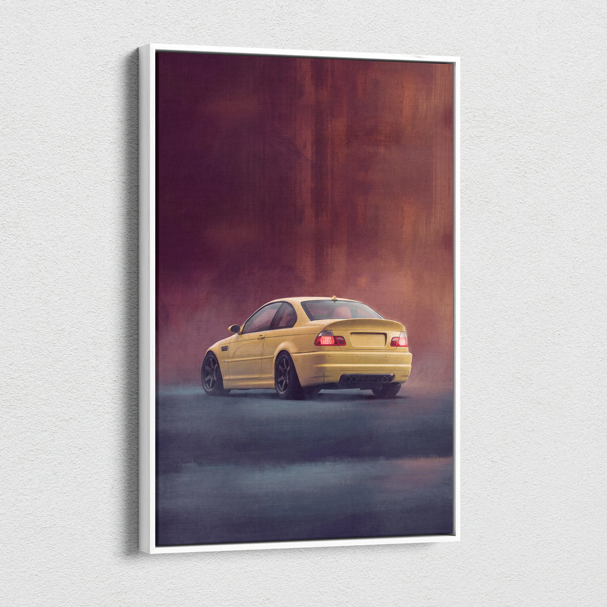 Yellow BMW E46 M3 coupe canvas print with smoky background hues perfect for sports car wall art display