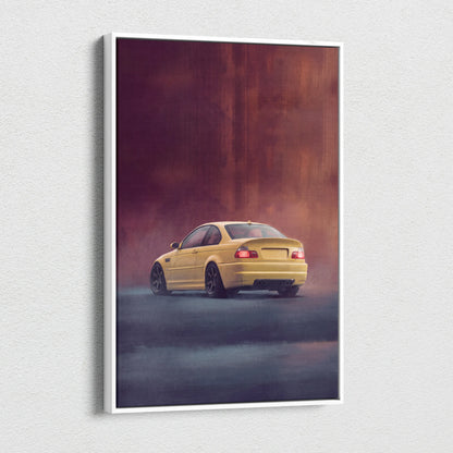 Yellow BMW E46 M3 coupe canvas print with smoky background hues perfect for sports car wall art display
