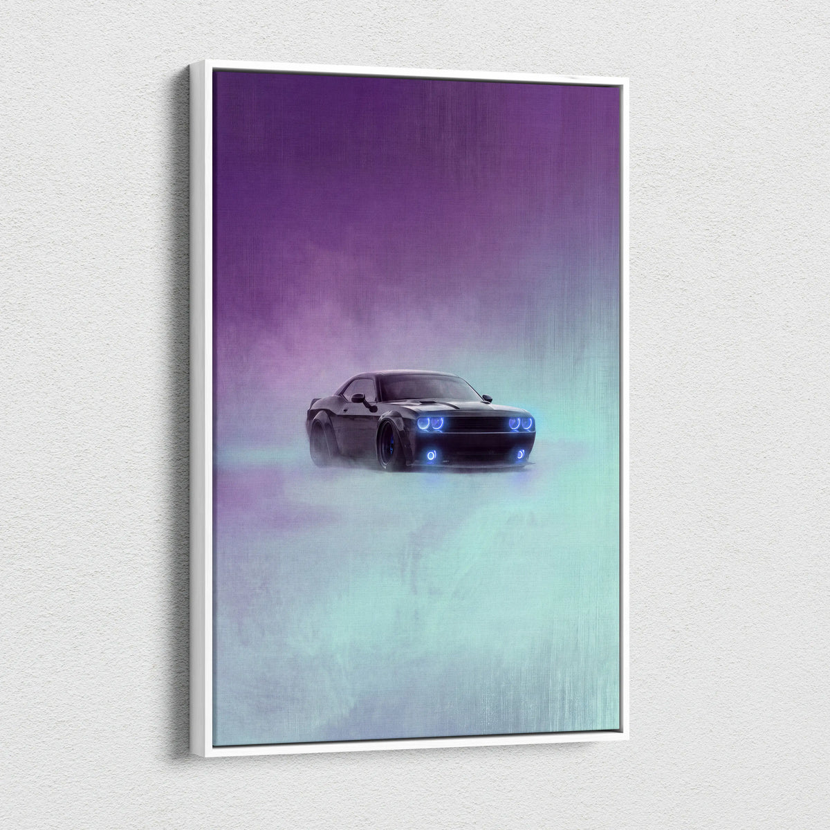 Dodge Challenger Inspired Canvas Art, Neon Blue Glow Custom Car Wall Decor