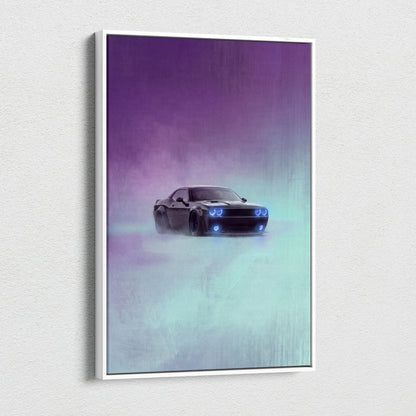 Dodge Challenger Inspired Canvas Art, Neon Blue Glow Custom Car Wall Decor