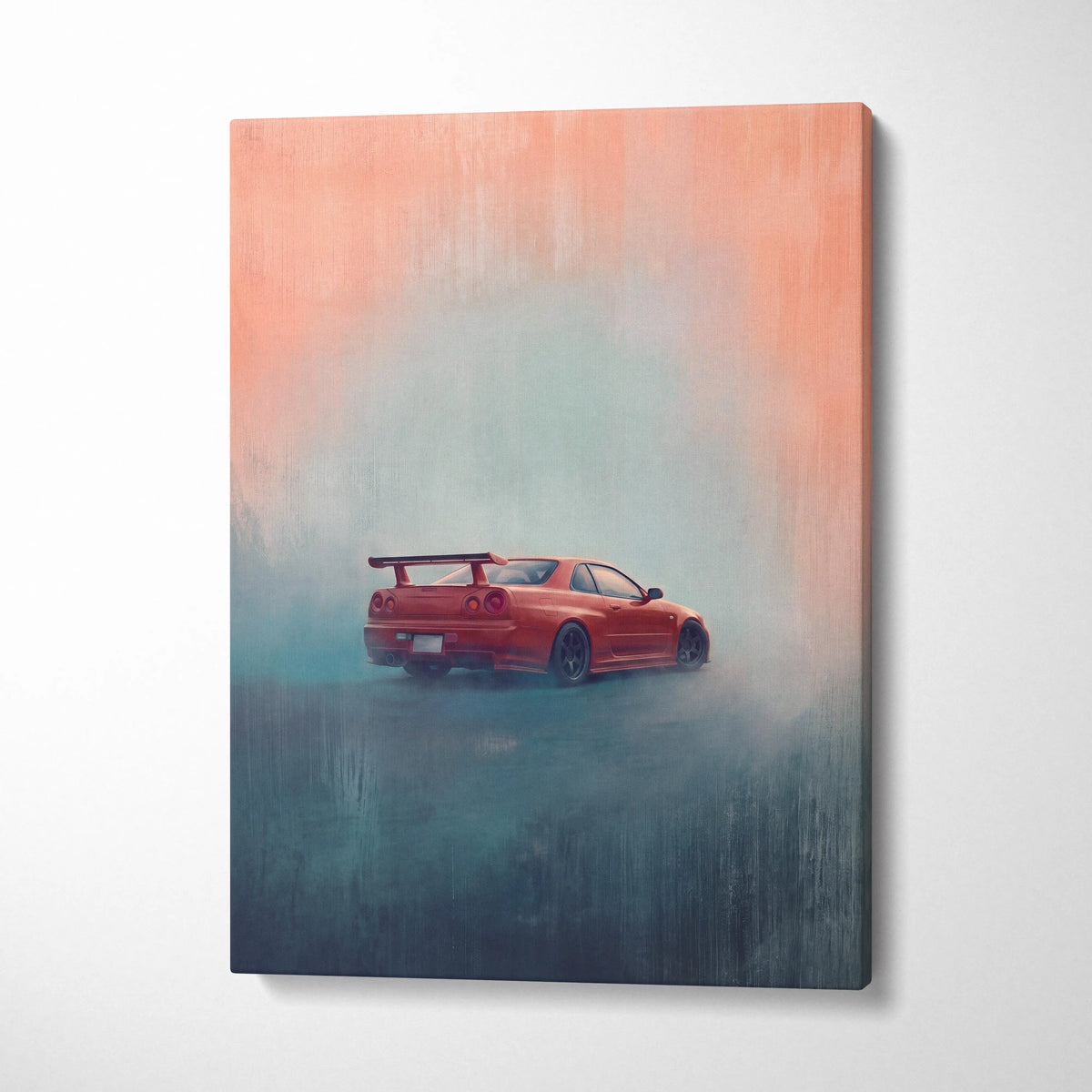 Vibrant orange nissan skyline gt-r r34 twin turbo racing canvas wall art for garage with misty stylized design