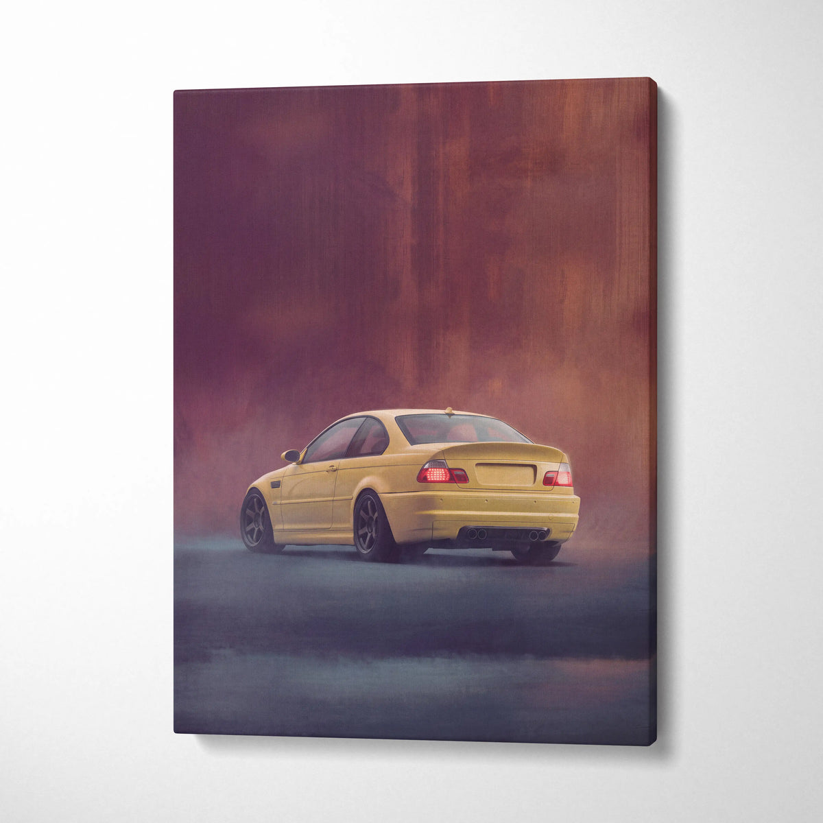 Yellow bmw e46 m3 coupe stylized atmospheric painting on canvas sports vehicle wall art print phoenix yellow