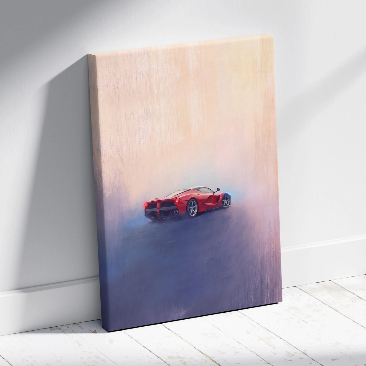 Red ferrari laferrari sports car on a canvas print with gradient background ferrari laferrari inspired wall art track edition