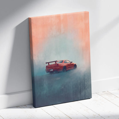 A vibrant red nissan skyline gt-r r34 sports car on a twin turbo racing canvas painting with peach and teal background
