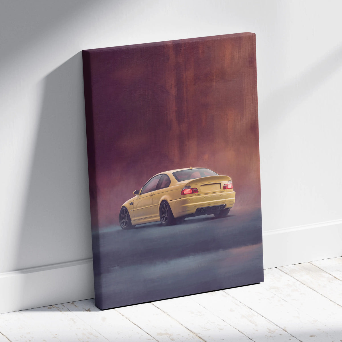 Yellow bmw e46 m3 coupe canvas print featuring a phoenix yellow sporty car in motion against a moody backdrop