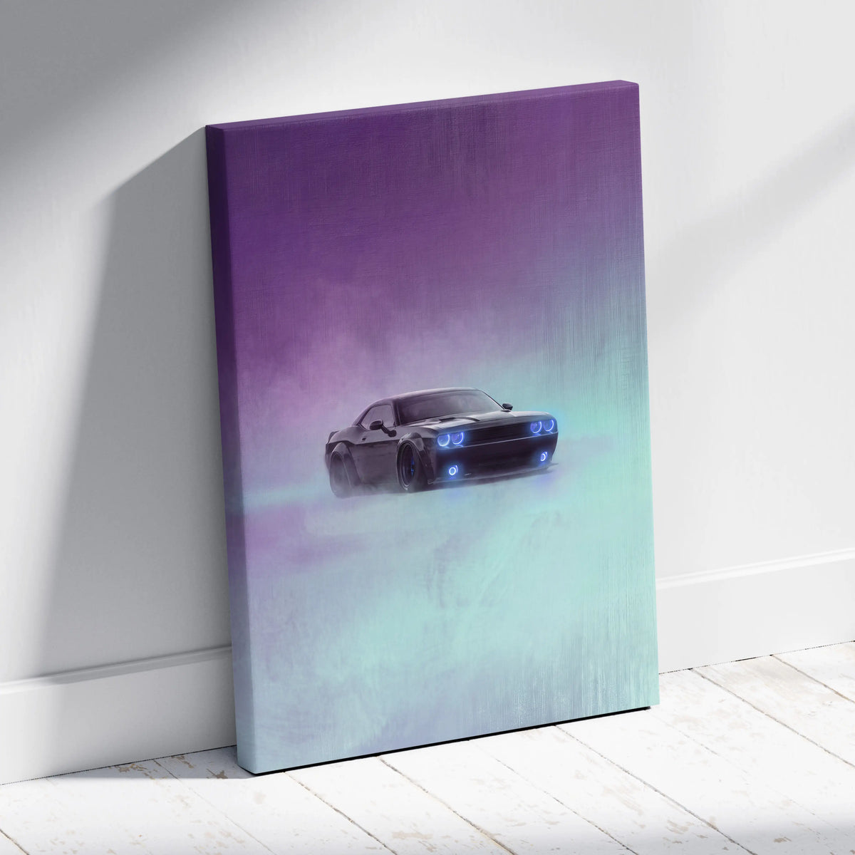 Dodge Challenger Inspired Canvas Art, Neon Blue Glow Custom Car Wall Decor