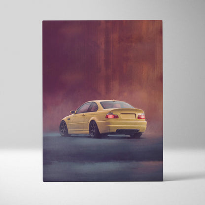 Bmw e46 m3 coupe inspired car wall art featuring a phoenix yellow sports vehicle canvas print with smoky background