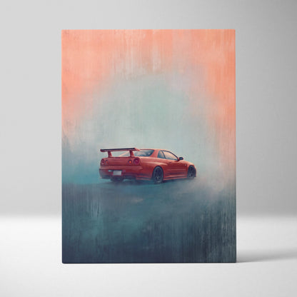 Vibrant red Nissan Skyline GT-R R34 twin turbo sports car wall art with smoky gradients on racing canvas for garage decor