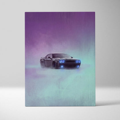 Dodge Challenger Inspired Canvas Art, Neon Blue Glow Custom Car Wall Decor