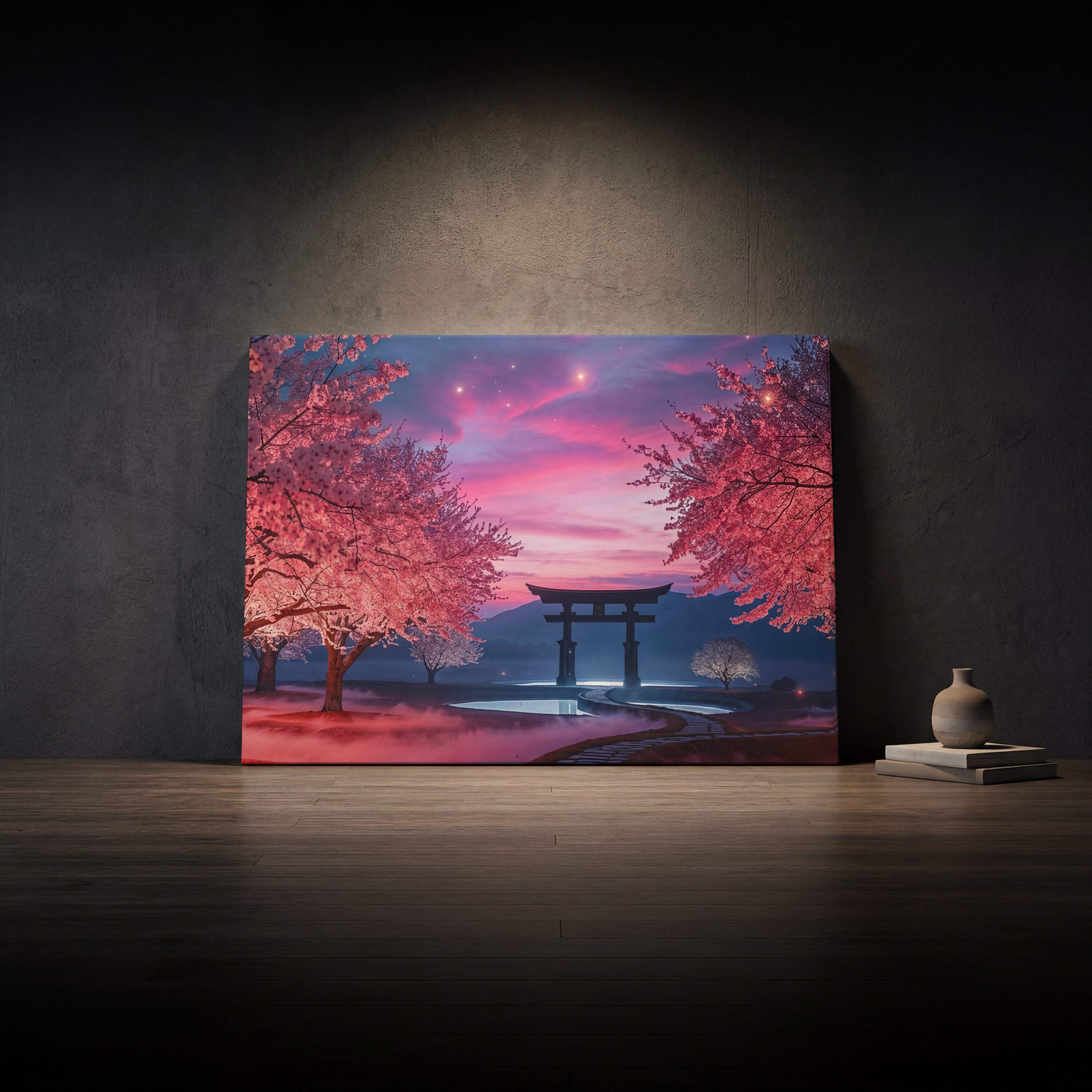 A vibrant canvas print featuring a serene torii gate framed by blooming cherry blossoms under a twilight sky painted in shades of pink and purple.