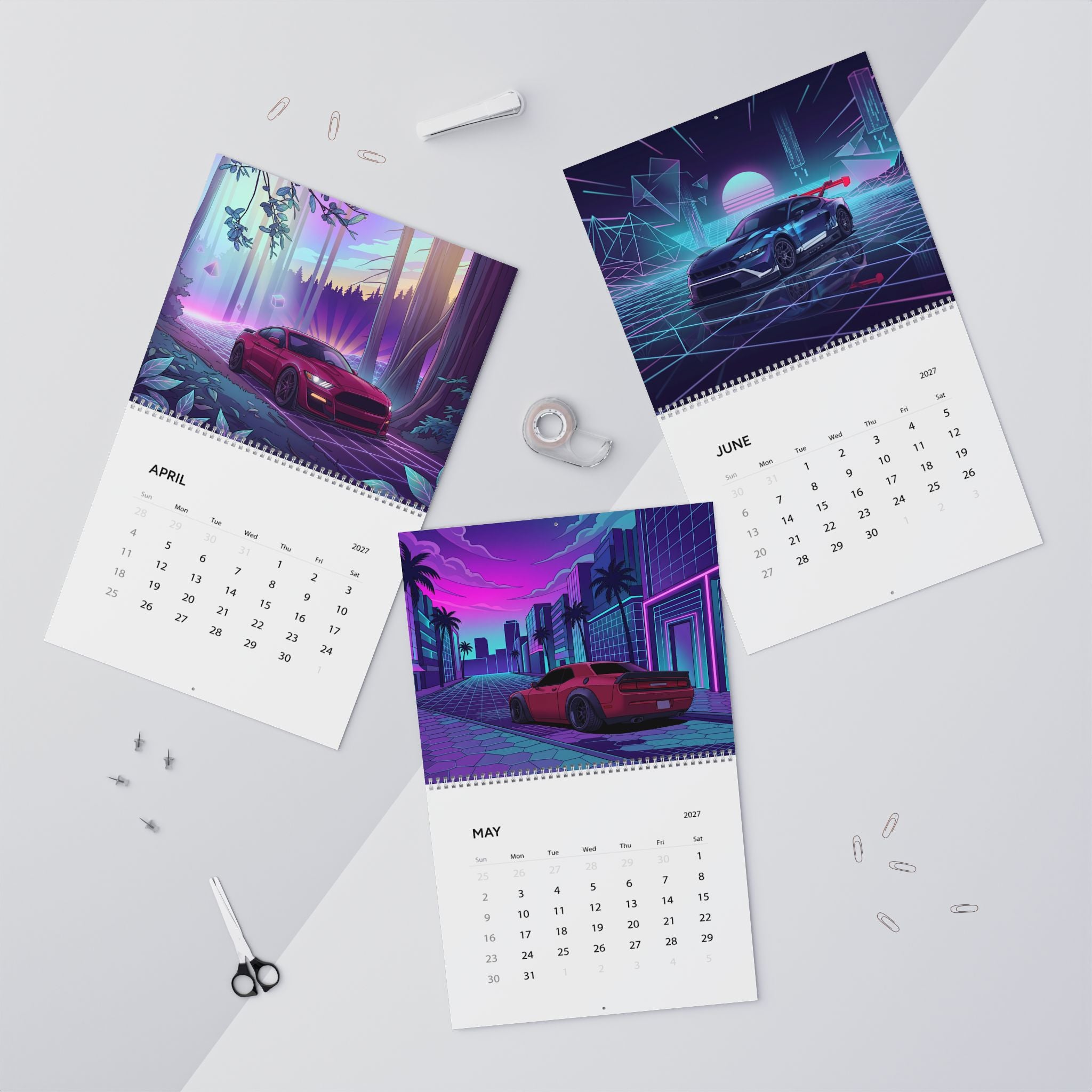 2027 Muscle Car Vaporwave Wall Calendar – American Performance Cars & Retro Neon Artwork Collection
