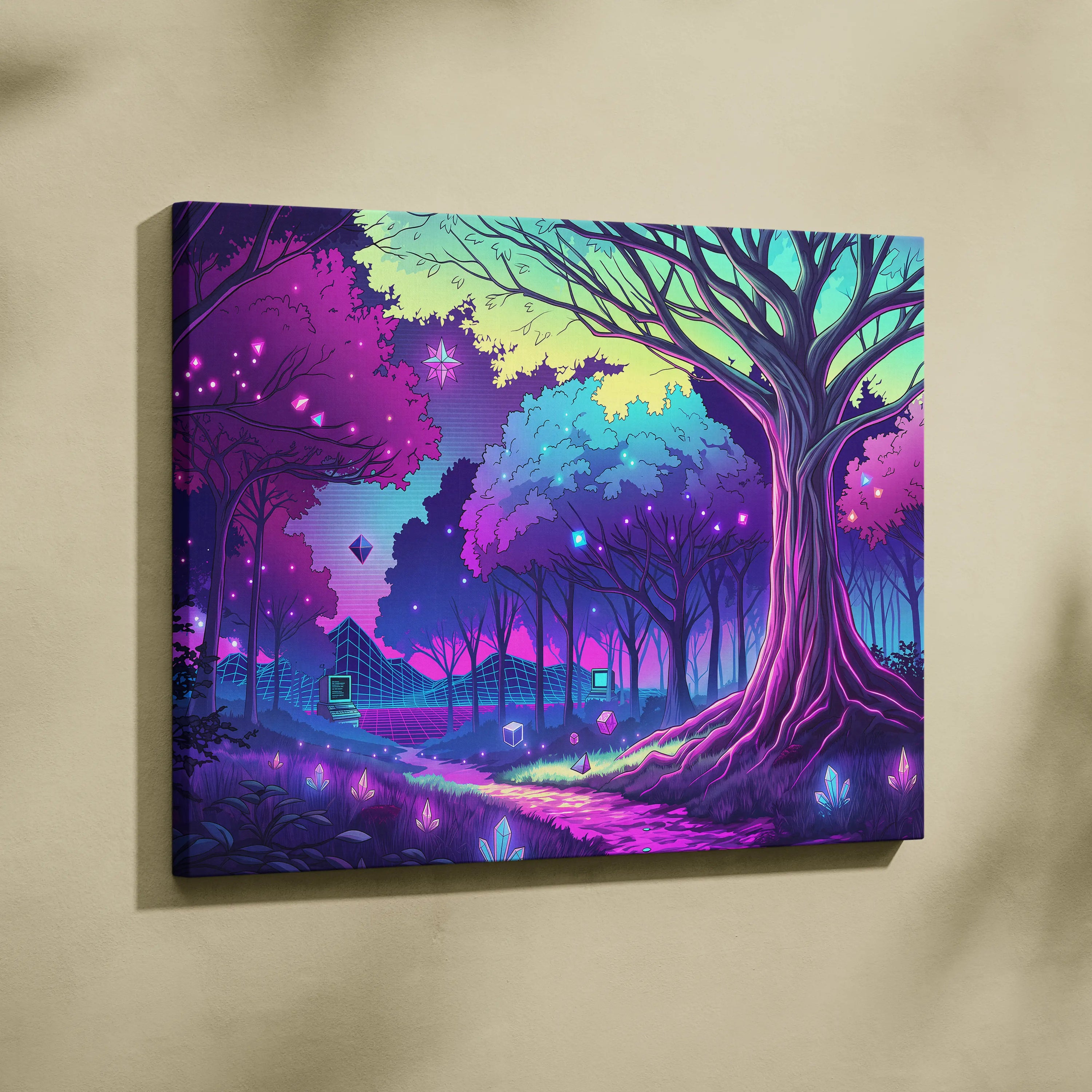 Neon Vaporwave Forest Canvas - Forest Vaporwave Neon Canvas Wall Art Living Room Dreamy Mood Neon Night Decor Vaporwave