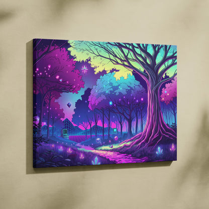 Neon Vaporwave Forest Canvas - Forest Vaporwave Neon Canvas Wall Art Living Room Dreamy Mood Neon Night Decor Vaporwave