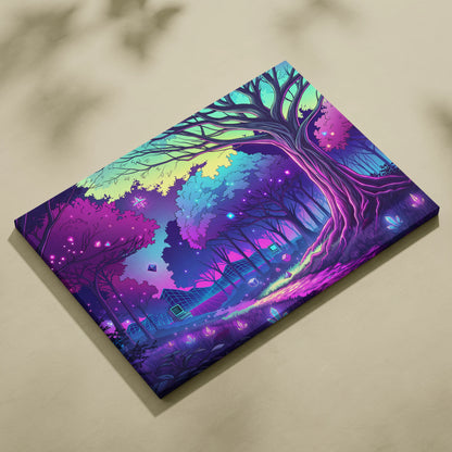 Neon Vaporwave Forest Canvas - Forest Vaporwave Neon Canvas Wall Art Living Room Dreamy Mood Neon Night Decor Vaporwave