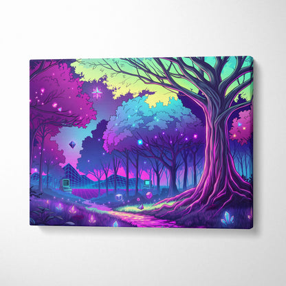 Neon Vaporwave Forest Canvas - Forest Vaporwave Neon Canvas Wall Art Living Room Dreamy Mood Neon Night Decor Vaporwave