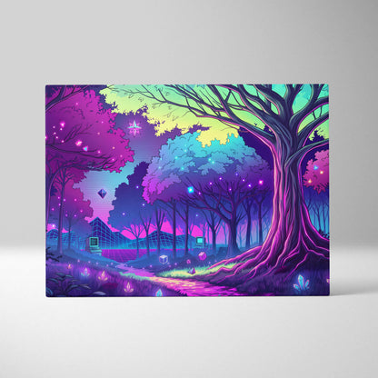 Neon Vaporwave Forest Canvas - Forest Vaporwave Neon Canvas Wall Art Living Room Dreamy Mood Neon Night Decor Vaporwave