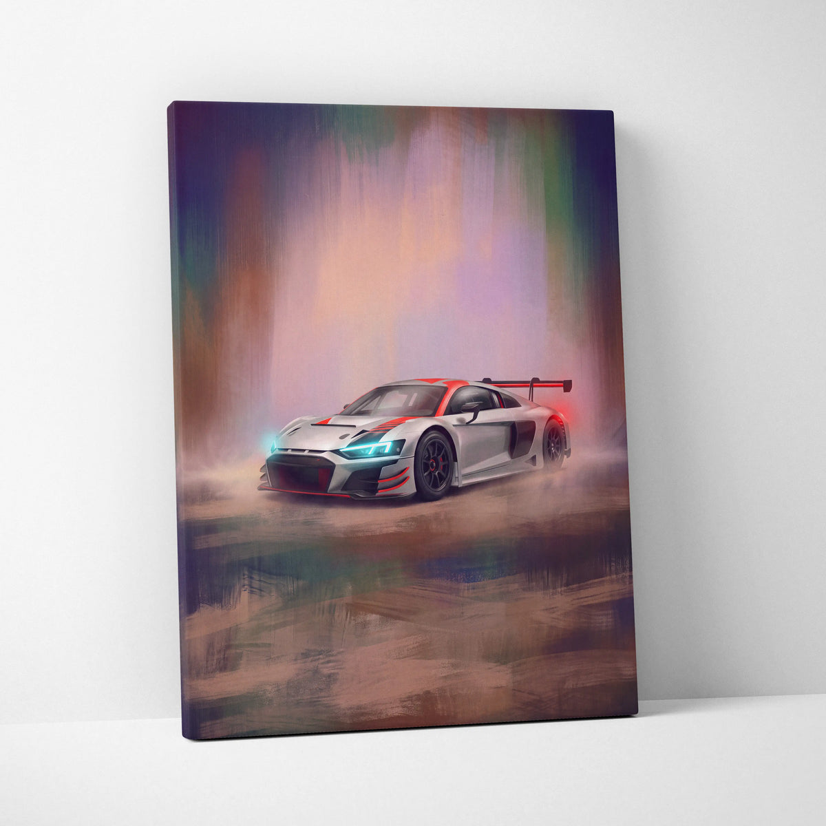 Audi R8 LMS GT3 inspired canvas art featuring a sleek silver race car with red and black accents and blue headlights