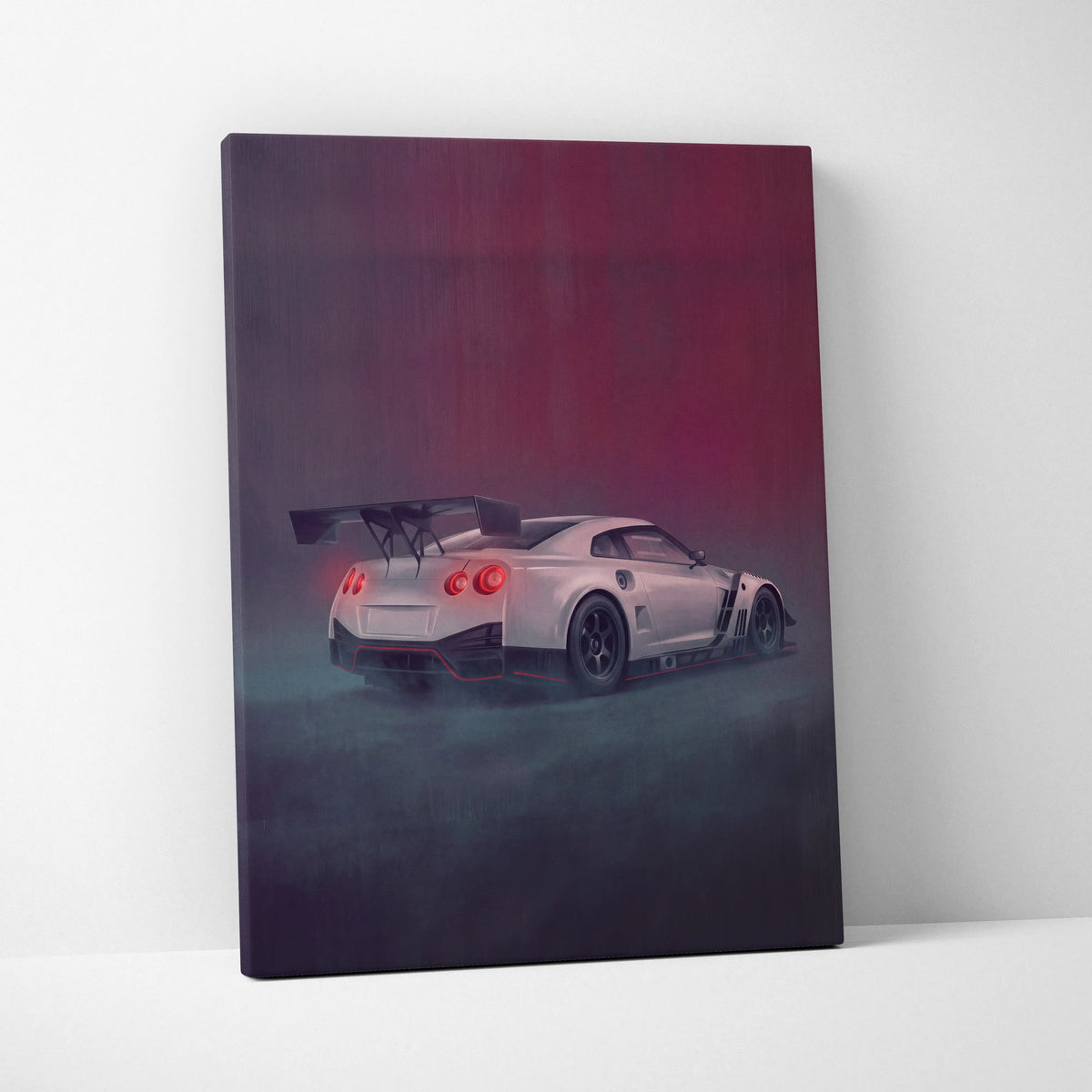 White nissan gt-r r35 canvas print featuring rear view with glowing taillights and spoiler for garage wall art
