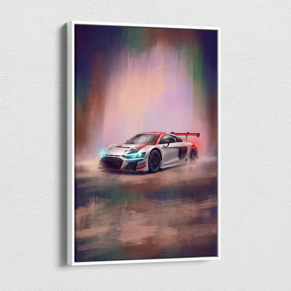 White-framed canvas print of audi r8 lms gt3 inspired race car with glowing blue headlights and red accents in motion