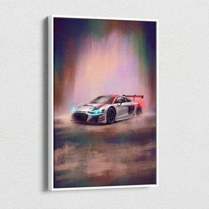 White-framed canvas print of audi r8 lms gt3 inspired race car with glowing blue headlights and red accents in motion