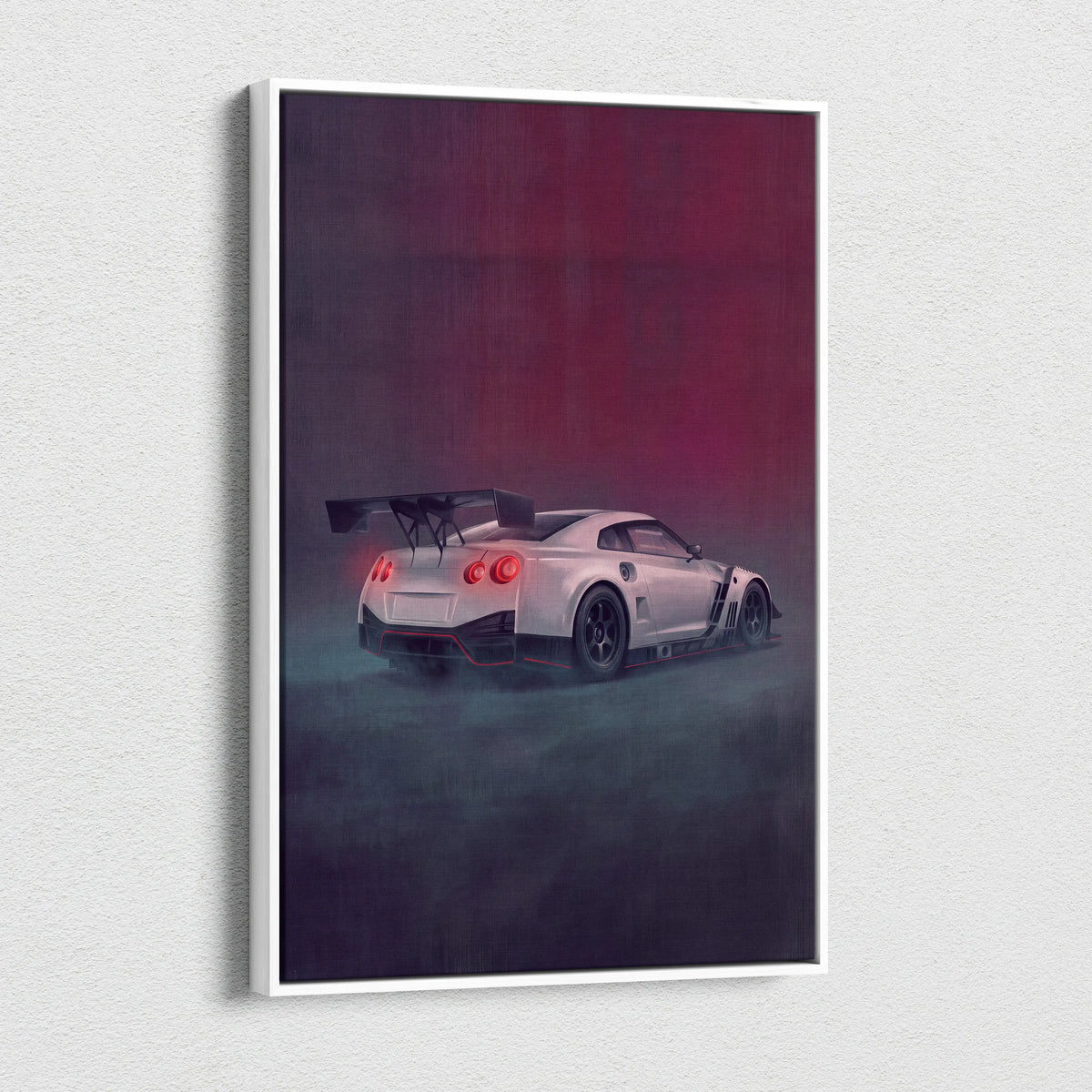 White nissan gt-r race car poster with glowing red taillights and black spoiler framed in white for garage wall art