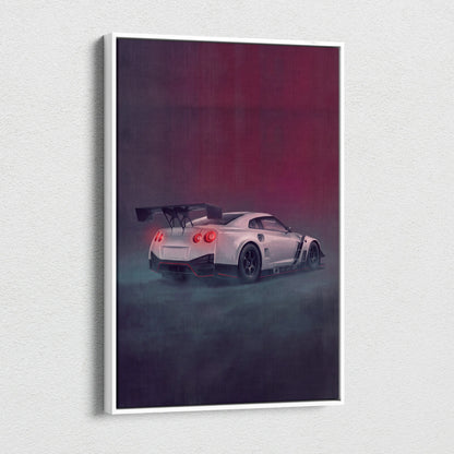 White nissan gt-r race car poster with glowing red taillights and black spoiler framed in white for garage wall art
