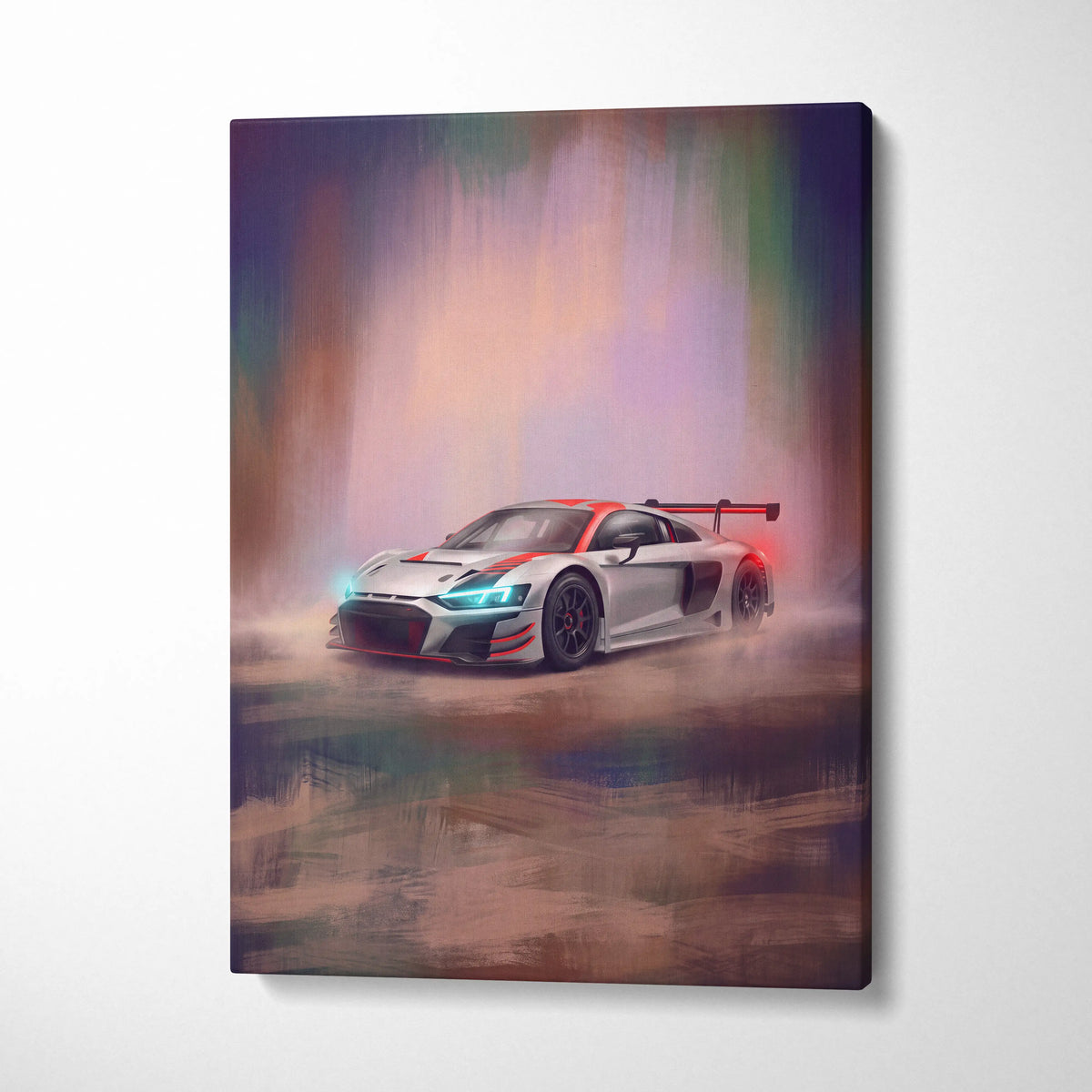 Silver and red audi r8 lms gt3 inspired canvas art with glowing blue headlights premium automotive wall decor