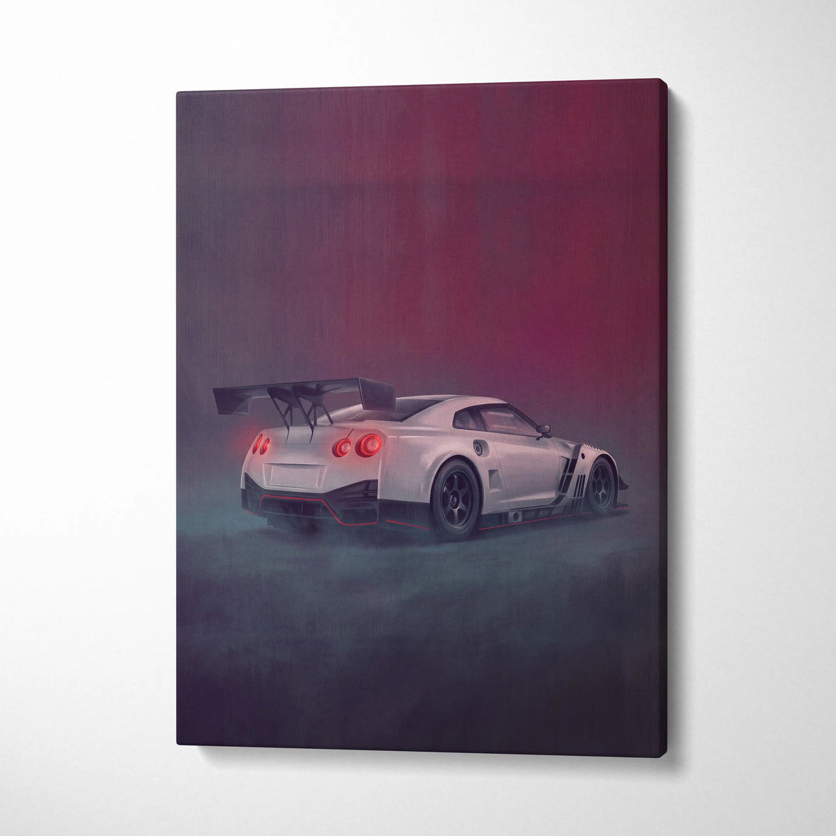 White nissan gt-r r35 sports car canvas print with glowing red taillights and rear spoiler for garage wall art