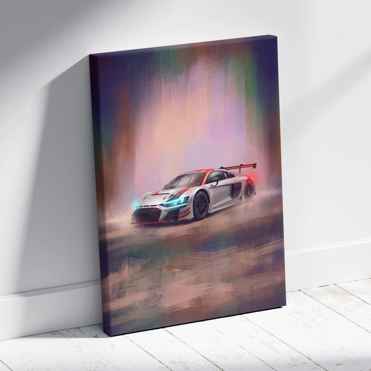 Vibrant canvas print of a white audi r8 lms gt3 race car with red black accents on a rainbow abstract background