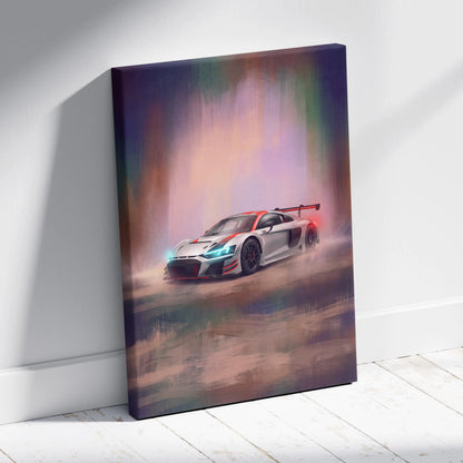 Vibrant canvas print of a white audi r8 lms gt3 race car with red black accents on a rainbow abstract background