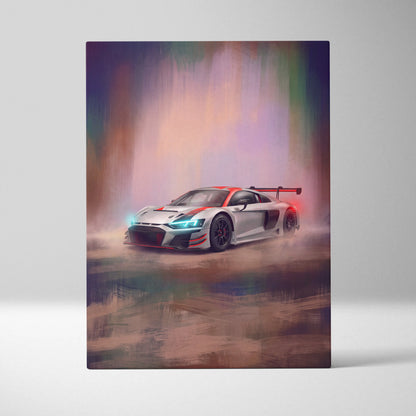 Audi R8 LMS GT3 inspired canvas art featuring a sleek silver race car with red and black accents and glowing blue headlights