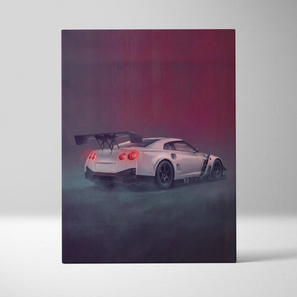 White Nissan GT-R R35 inspired automotive wall art with red taillights and black racing spoiler in stylized digital artwork