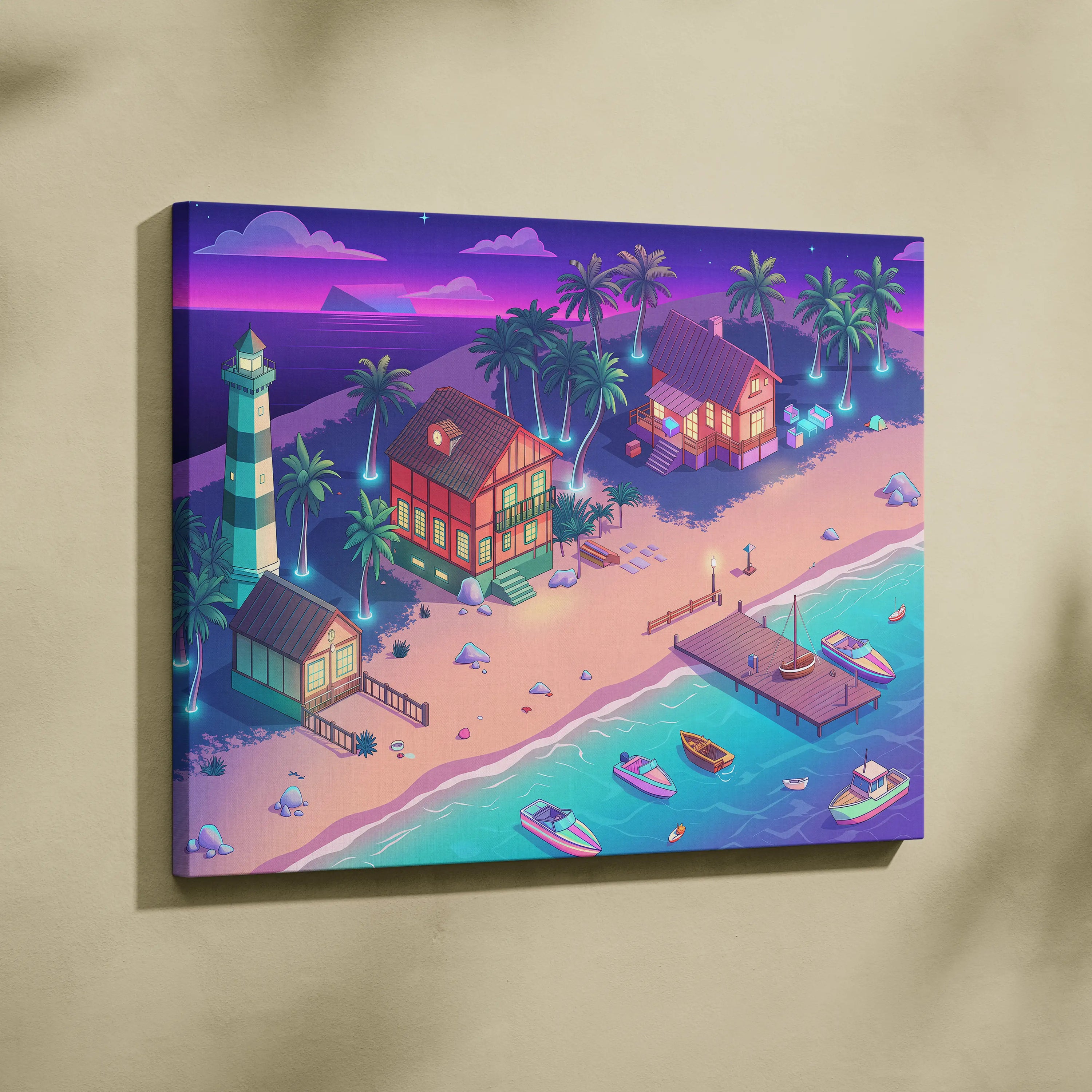 Vaporwave Neon Oasis Wall Art - Tropical Beach Neon Teal Pink Vaporwave Dreamy Nostalgic Retro Neon Cityscape Canvas