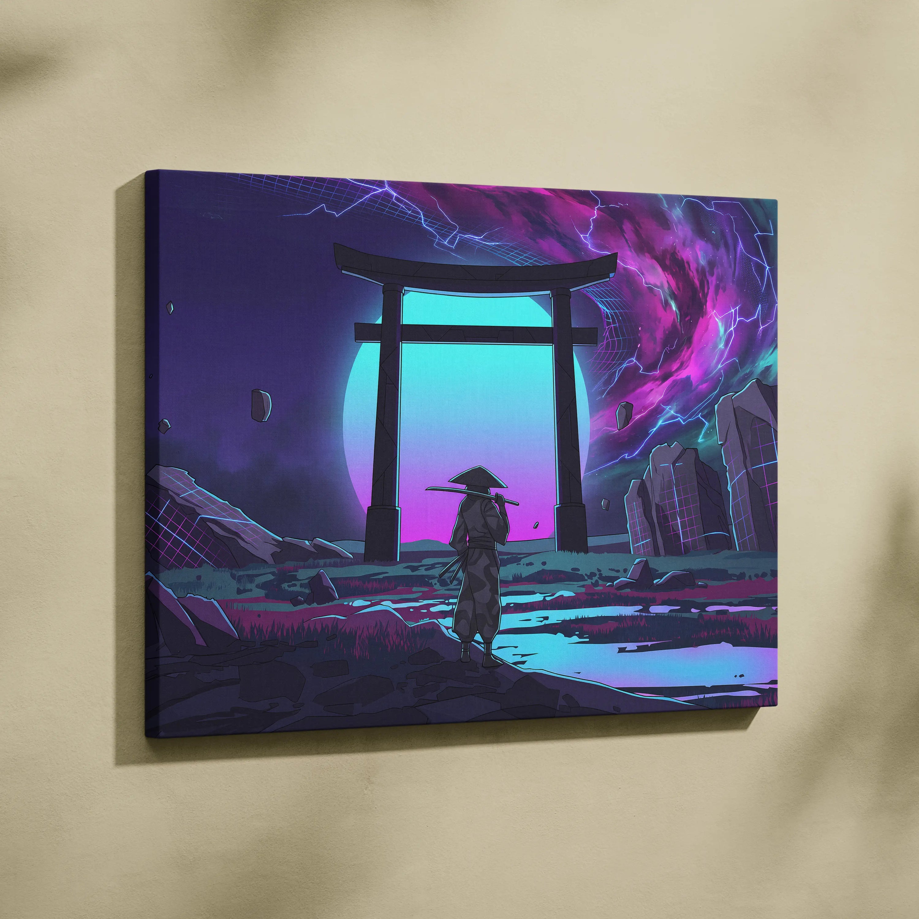 Vaporwave Torii Neon Dream - Torii Gate Neon Purple Blue Living Room Vaporwave Art Mood Dreamy Surreal Retro Futurism Wall Art Canvas Museum