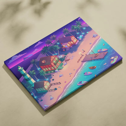 Vaporwave Neon Oasis Wall Art - Tropical Beach Neon Teal Pink Vaporwave Dreamy Nostalgic Retro Neon Cityscape Canvas
