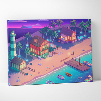 Vaporwave Neon Oasis Wall Art - Tropical Beach Neon Teal Pink Vaporwave Dreamy Nostalgic Retro Neon Cityscape Canvas