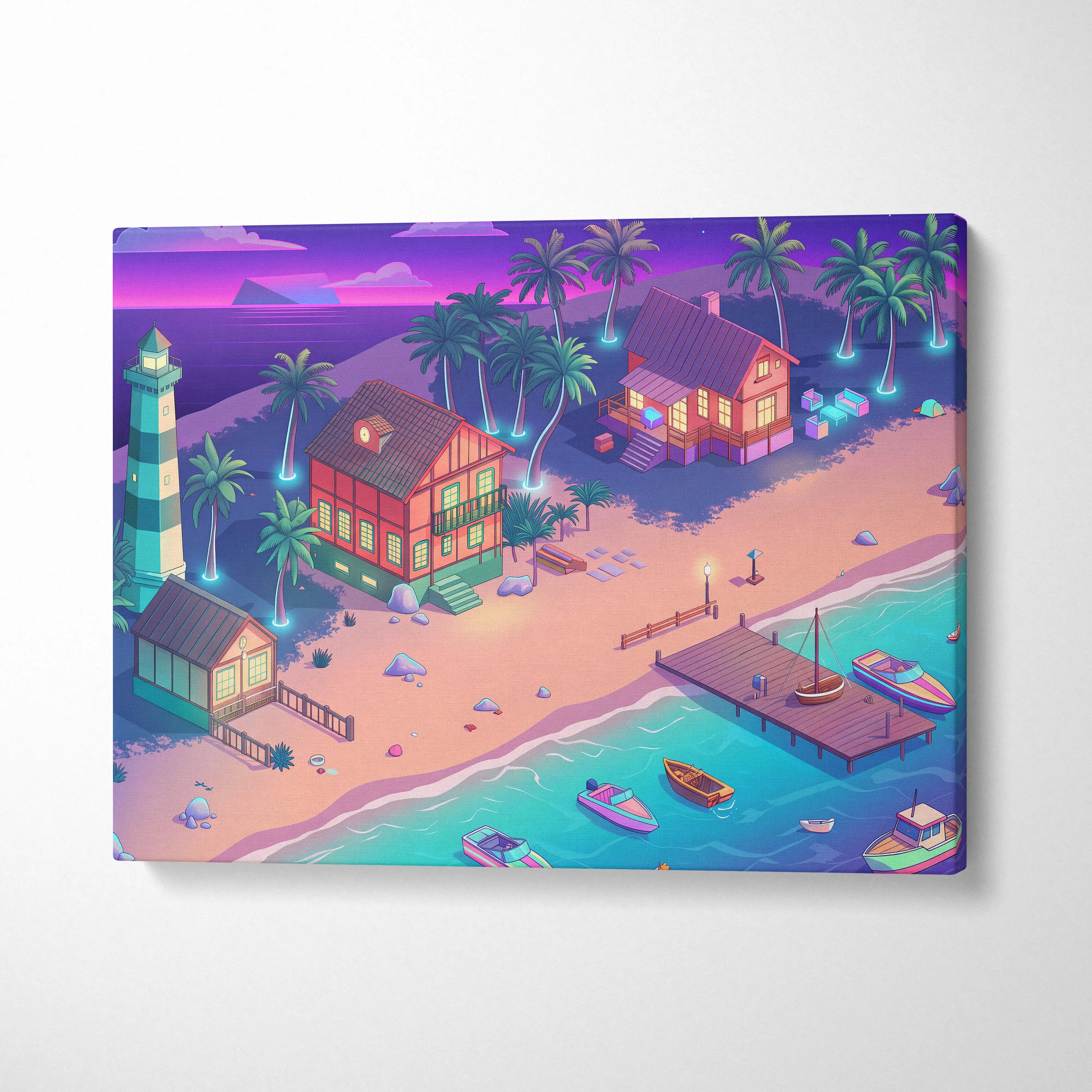 Vaporwave Neon Oasis Wall Art - Tropical Beach Neon Teal Pink Vaporwave Dreamy Nostalgic Retro Neon Cityscape Canvas