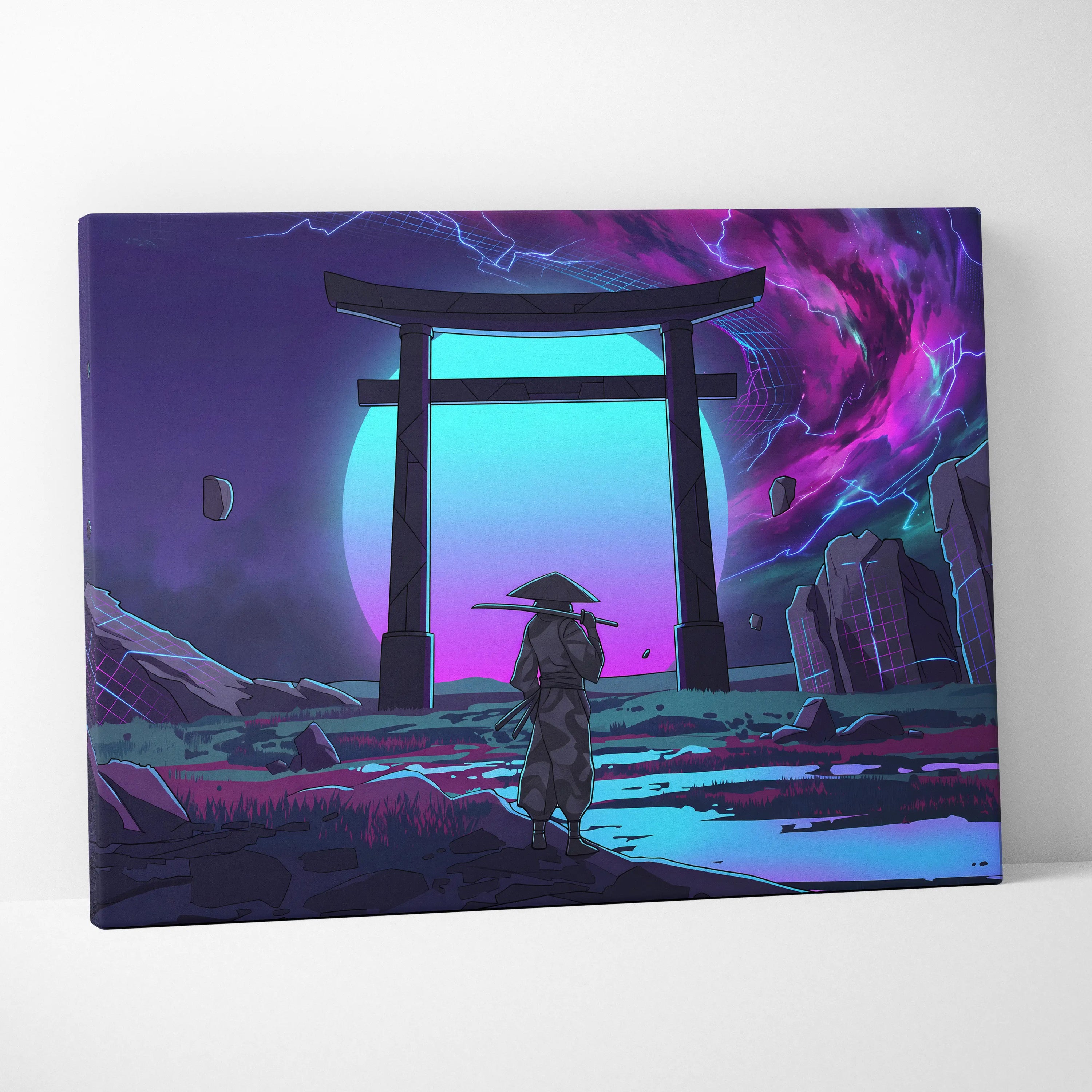 Vaporwave Torii Neon Dream - Torii Gate Neon Purple Blue Living Room Vaporwave Art Mood Dreamy Surreal Retro Futurism Wall Art Canvas Museum