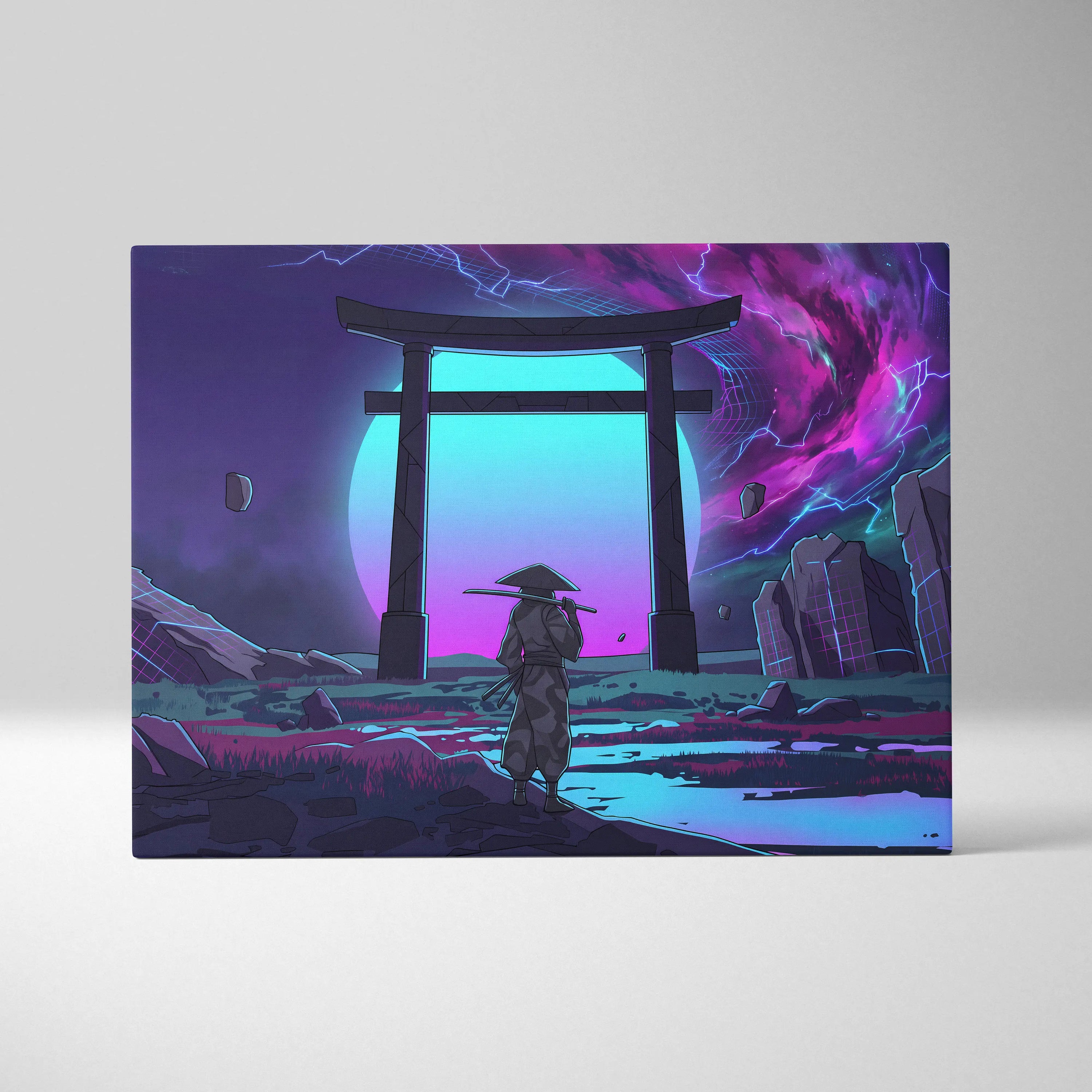 Vaporwave Torii Neon Dream - Torii Gate Neon Purple Blue Living Room Vaporwave Art Mood Dreamy Surreal Retro Futurism Wall Art Canvas Museum