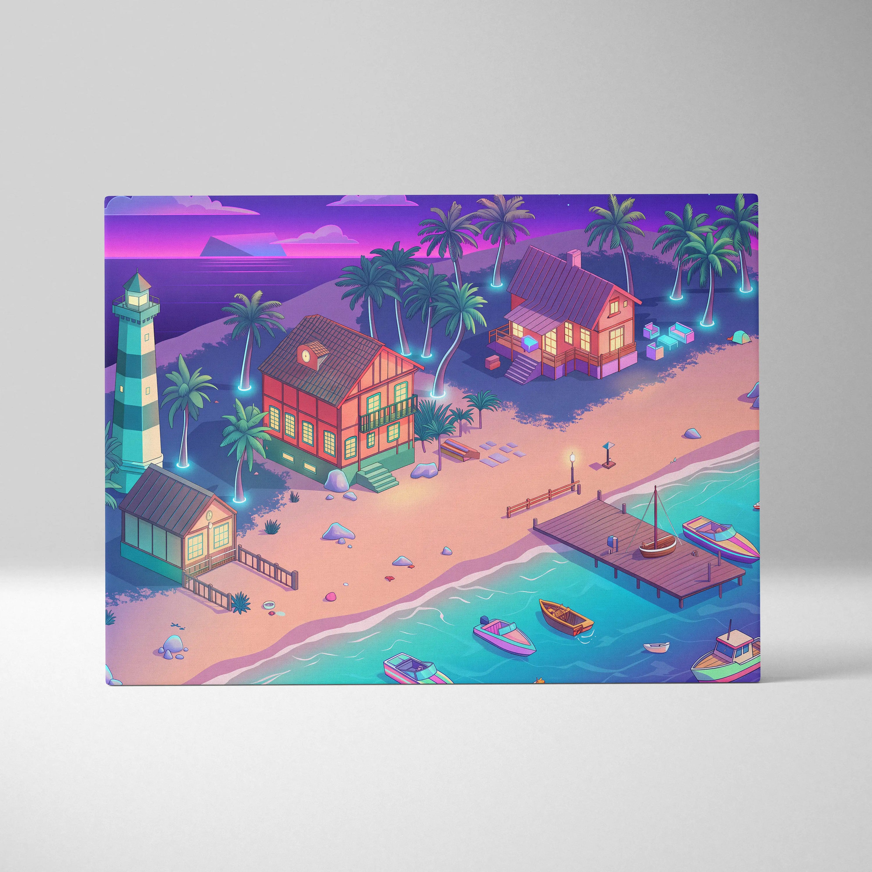 Vaporwave Neon Oasis Wall Art - Tropical Beach Neon Teal Pink Vaporwave Dreamy Nostalgic Retro Neon Cityscape Canvas