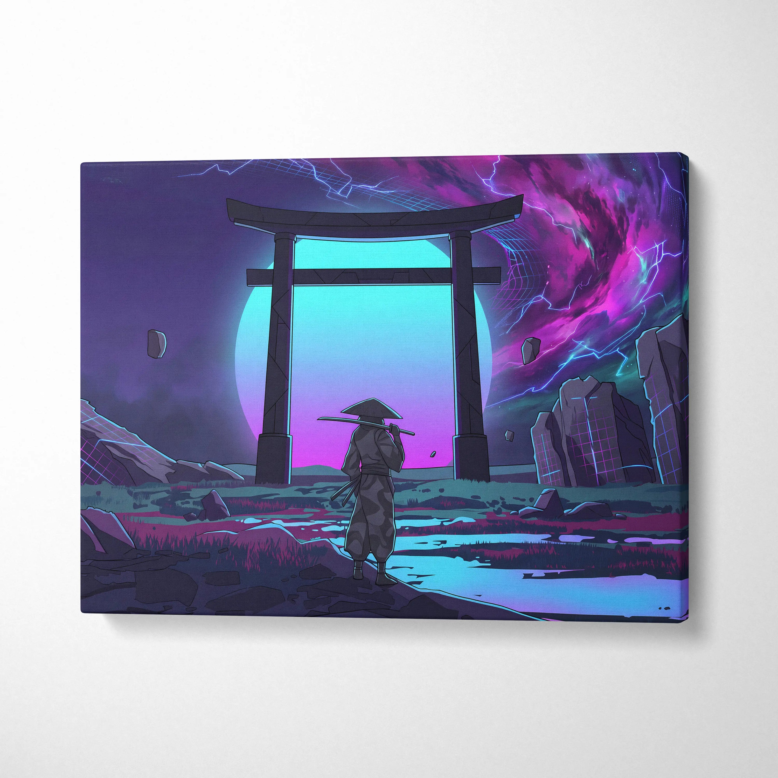 Vaporwave Torii Neon Dream - Torii Gate Neon Purple Blue Living Room Vaporwave Art Mood Dreamy Surreal Retro Futurism Wall Art Canvas Museum