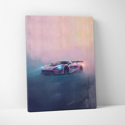Mclaren 720s gt3 inspired car wall art vibrant pink and blue canvas print with neon headlights on misty backdrop