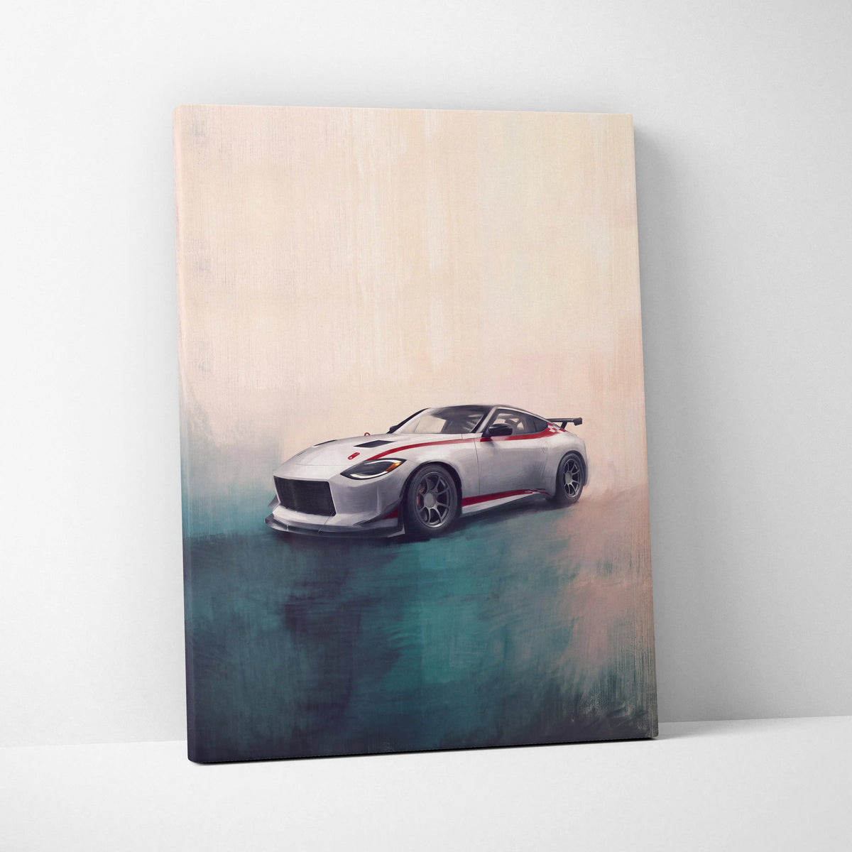 Nissan z inspired automotive wall art featuring a sleek white sports car with red accents on canvas for modern decor