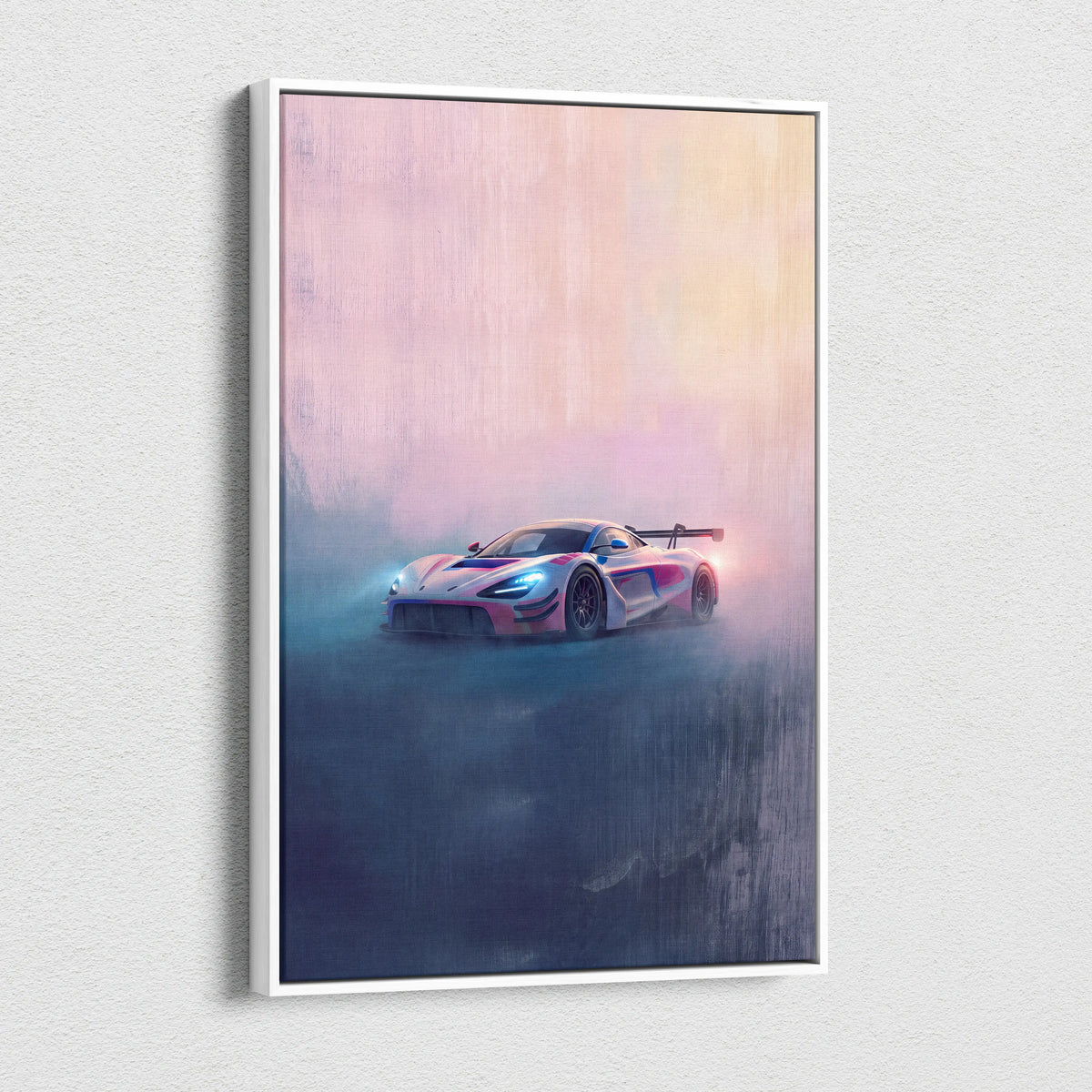 McLaren 720S GT3 inspired sleek race car wall art with glossy pink and blue paint on white framed canvas print