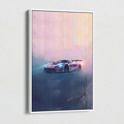 McLaren 720S GT3 inspired sleek race car wall art with glossy pink and blue paint on white framed canvas print