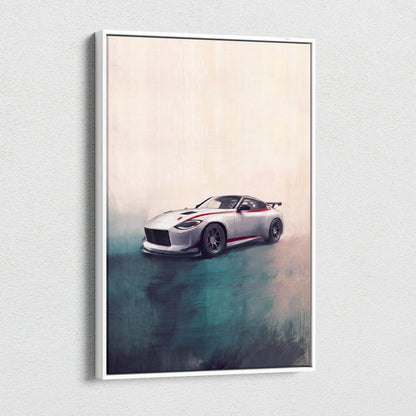 White and red nissan z inspired sports car canvas painting in a sleek white frame for modern home decor