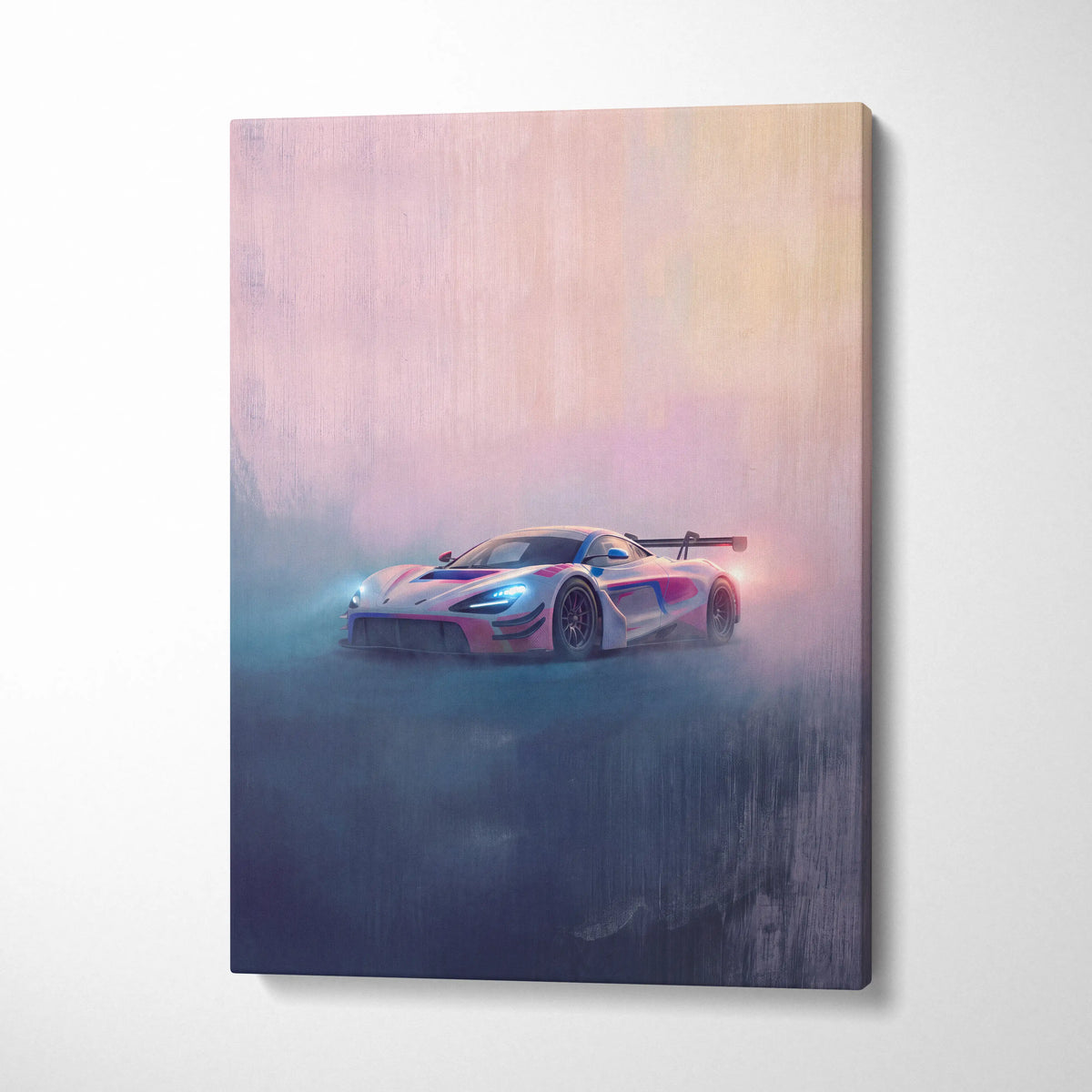 McLaren 720S GT3 inspired pink and blue racing car canvas print showing motion through misty terrain with headlights