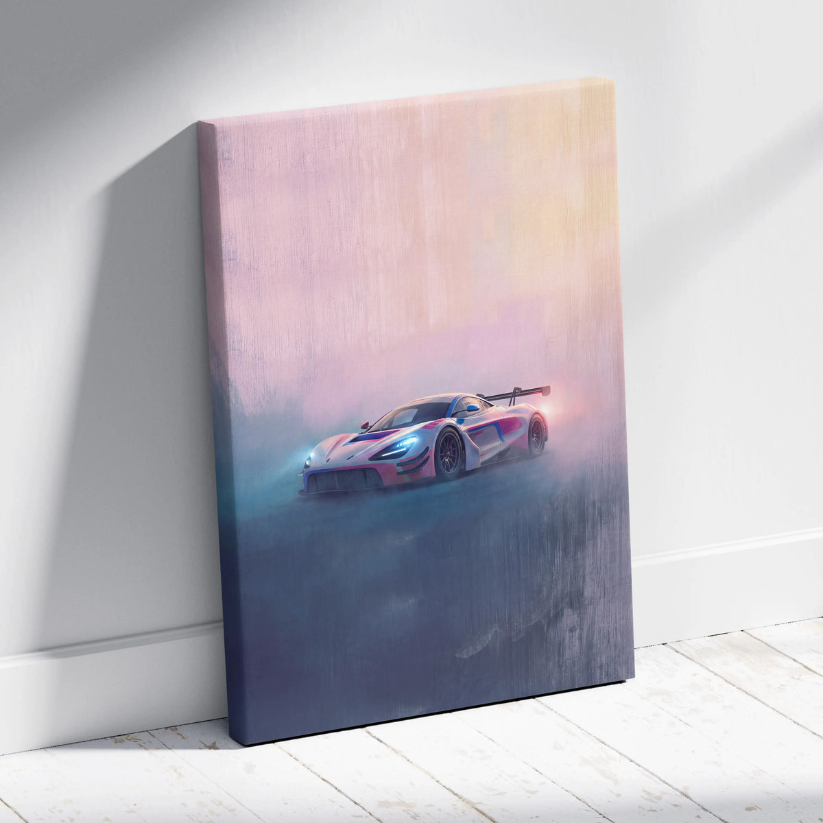 A vibrant futuristic McLaren 720S GT3 inspired sports car on a stretched canvas with soft gradient lighting and misty atmosphere